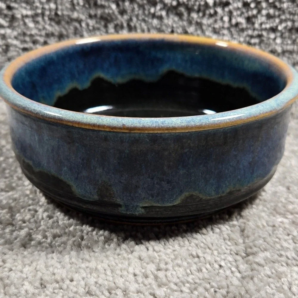Studio Pottery Bowl Blue Drip Glaze Signed Artisan Stoneware Small